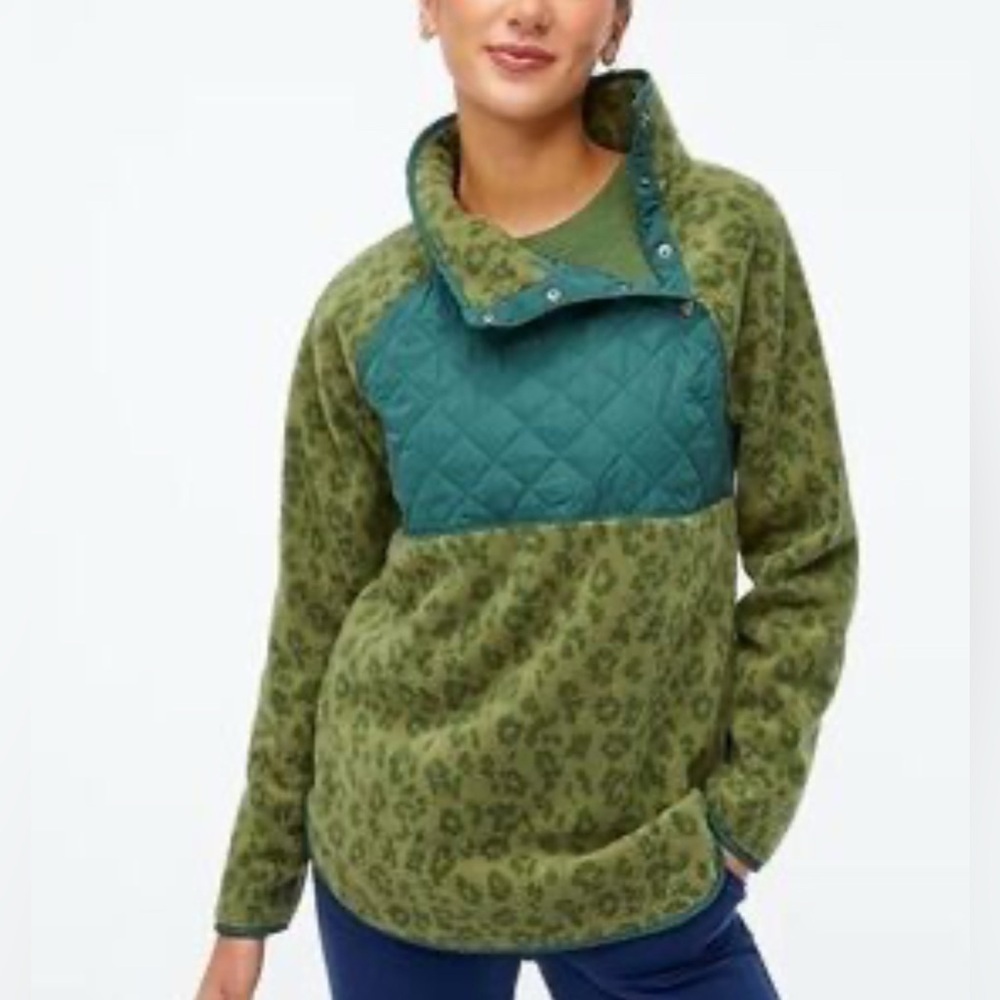 J Crew Jacket Green Leopard Print Fleece Sherpa Pullover Button Top Small